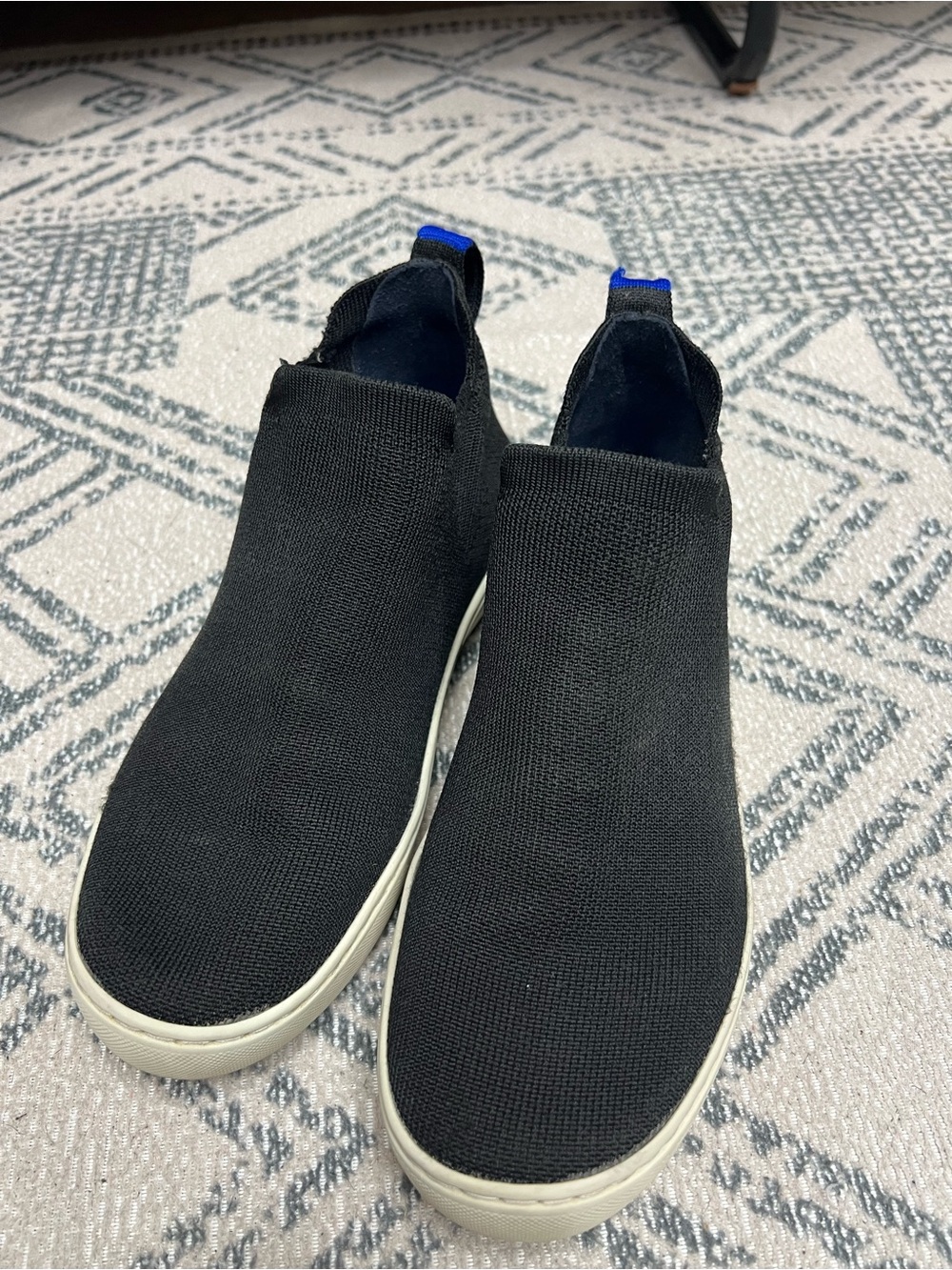Rothy's Black Knit Slip-On Sneakers with Blue Heel Tabs